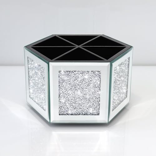 VOHJD Rotatable Multifunctional Jewelry Utensil Holder Hexagon Jewelry Make up Organizer Cups Crush Diamond Mirror Decor, brush/office pen cup holder Eyeliners Display Case for Vanity