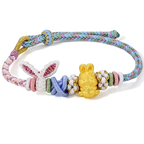 24K Solid Gold Bracelets Real Pure Gold Ball Rabbit Braided Bracelet Flower Charm Bracelet Dainty Jewelry for Women Mother Lover Her Anniversary Birthday