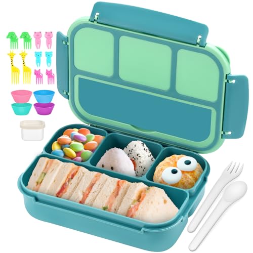 Image of QQKO Bento Box for Kids Adults, School Toddler Lunch Box for Boys Girls, Lunch Box Containers with 4 Compartments, Sauce Container, Utensils, Food Picks and Muffin Cups for School, Green