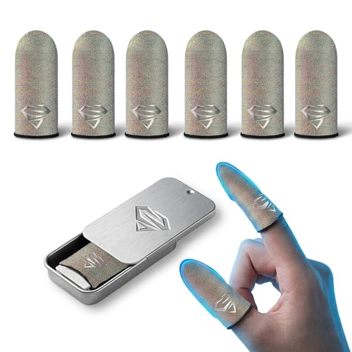 Bluradio Ultra-Thin Silver Fiber Gaming Finger Sleeves - 6 Pack 0.15mm Breathable Thumb Sleeves for Mobile Gaming, Sweatproof Touchscreen Finger Covers with Metal Storage Case, All-Season Comfort