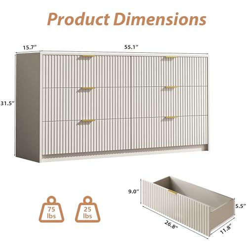 Image of MAISONARIA 6 Drawer Dresser for Bedroom, 55 inch Wide Modern Chest of Drawers with Gold Metal Handles, Fluted Wood TV Stand for Living Room, Hallway(Beige)