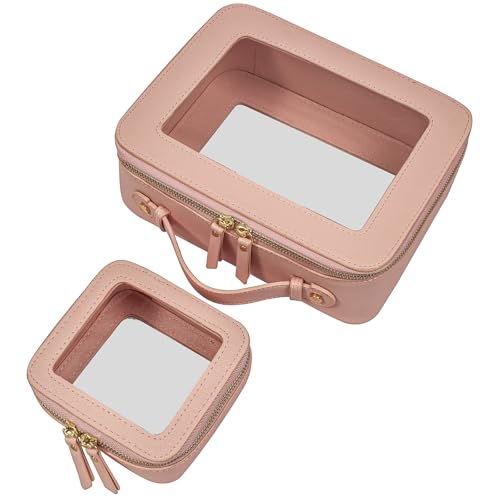 Image of Clear Makeup Bag with Zipper,Set of 2,Car Essentials Bag(Mini+Large Nude) | Clear Travel Bags for Toiletries, Structured Cosmetic Case for Women, Waterproof PU Leather, Wide Open Portable Car Organier