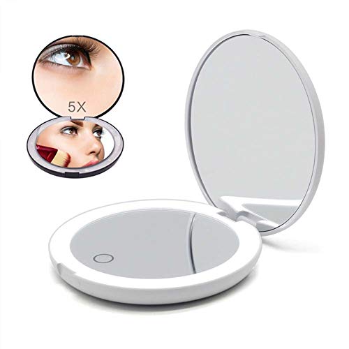 XINYU Espejo De Maquillaje LED De Doble Cara Espejo De Maquillaje Plegable De Bolsillo 5X Pequeño Espejo Redondo Elegante Y Hermoso Es El Producto De Viaje Ideal,White