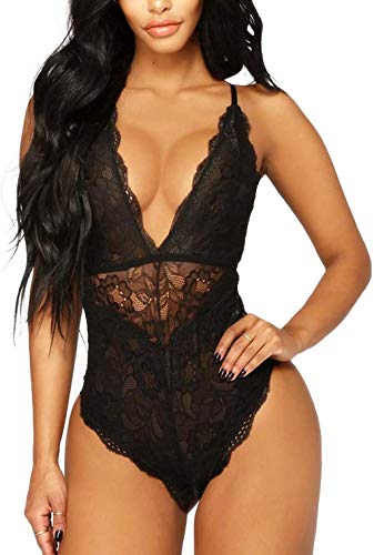 Kaei&Shi V-Neck See Through Lingerie Floral Lace Sexy Lingerie For Women One Piece Teddy Bodysuit Black X-Large