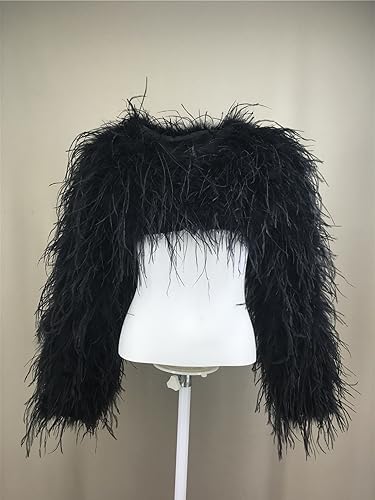 LVCOMEFF Women Ostrich Feather Cropped Jacket Bolero Top with Long Sleeve for Party Furry Luxurious2