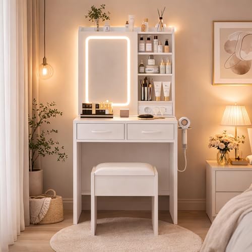 TUFSPRAX Coiffeuse avec Miroir LED Et Tabouret, Multiprise Intégrée, Compartiment à 2 Étagères Réglables, 1 Tiroir Spacieux, 2 Étagères Ouvertes,...