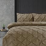 Linen Home Duvet Cover Set Deep Taupe Pintuck Pinch Pleat Soft Microfibre Duvet Cover with 2 Pillowcases, Easy Care Wrinkle Free Double Bedding Set