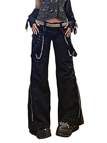 Winkinlin Pantalones de carga punk gótico para mujer, cintura baja, pierna recta, holgada, novio, casual, ropa de calle, B-negro, M Cover