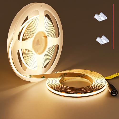 TOPAI 12V COB LED Streifen 5M Warmweiss 3000K Schwarz PCB Dimmbar 480LED/M CRI90 Sehr Hell 4000Lm Selbstklebend Flexible Schneidbar Non Wasserdicht für Innen (Netzteil nicht enthalten)