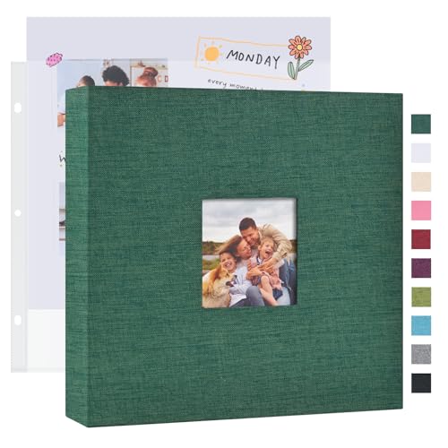 Mublalbum 12x12 Inch DIY Scrapbook Photo Album with 20 Plastic Sleeves 40 Pages Linen Cover 3 Ring Folder Binder for Wedding Baby Family and DIY Projects (Dark Green)