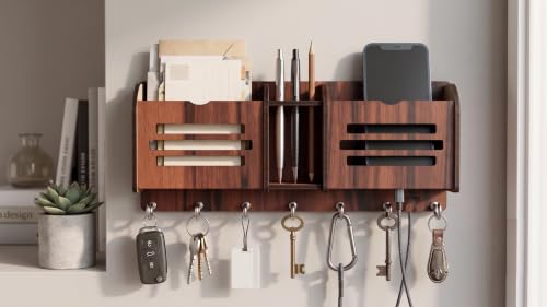 Image of Wall Mount Key Holder & Mail Organizer | Laser-Cut Key Hanger with 7 Metal Hooks, Letter Rack & Pen Stand | Wooden Wall Decor for Entryway, Living Room, Home & Office (Minimalist)