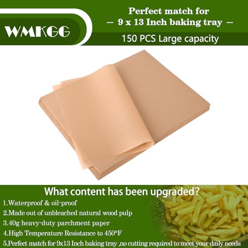 Image of WMKGG 150 PCS 9x13 Inch Parchment Paper Sheets,Precut Baking Parchment | Non-Stick,for Baking Grilling Air Fryer Steaming Bread Cakes Cookies and More(Unbleached)