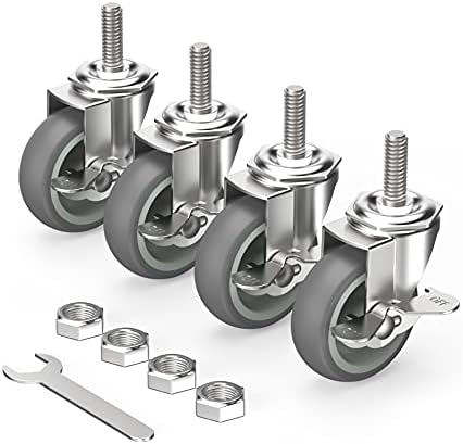 HOLKIE Caster Wheels 3 inch Locking Stem Casters, 3/8" -16 x 1-1/2" (Stem Diameter 3/8", Stem Length 1-1/2") Threaded Stem Casters Swivel Casters Set of 4 Heavy Duty Castors Gray
