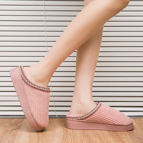 Image of Slippers for Women&Men with Memory Foam Corduroy Closed Toe House Shoes Ladies Winter Warm Comfy Bedroom Women's Slipper Indoor and Outdoor Slip-on Rubber Sole