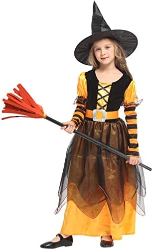 Witch Costume Girls Halloween Witch Dress Costumes Kids Deluxe Set Witch Hat Broomstick Halloween Candy Bags Fancy Dress Up Party (XL, Orange)
