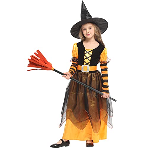 Witch Costume Girls Halloween Witch Dress Costumes Kids Deluxe Set Witch Hat Broomstick Halloween Candy Bags Fancy Dress Up Party (Xl, Orange) #TOP3