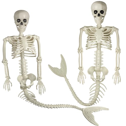 Pipilily 38 Inches Halloween Mermaid Skeleton 2Pcs Skeleton Mermaid with Posable Movable Jonints and Soft Tail for Halloween Decoration Decor Spooky Scene Party Favors