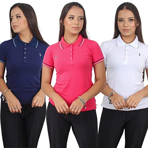 Kit 3 Camisa gola polo feminina lisa com punho lançamento Cor:Sortido;Tamanho:P