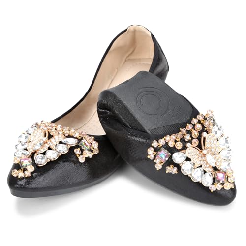 KUNWFNIX Women Ballet Flats Rhinestone Wedding Ballerina Shoes Foldable Sparkly Comfort Slip on Flat Shoes 5.5 #02-black