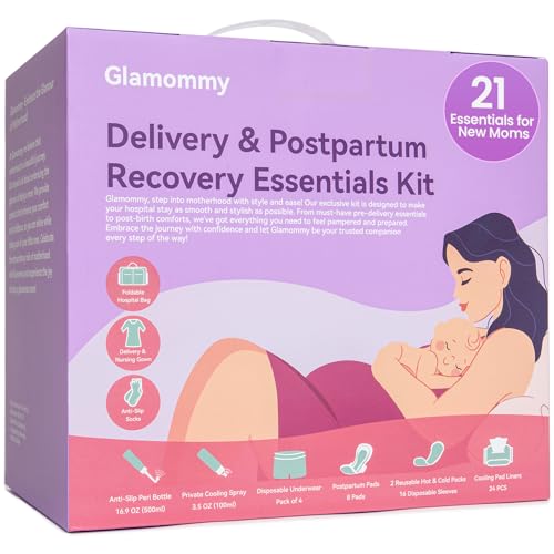 Image of Glamommy Upgraded Postpartum Recovery Essentials Kit for Women, Nursing Gown, Luggage Bags, Socks, Peri Bottle, Cooling Spray, Disposable Underwear, Postpartum Pads, Hot&Cold Packs, Cooling Liners