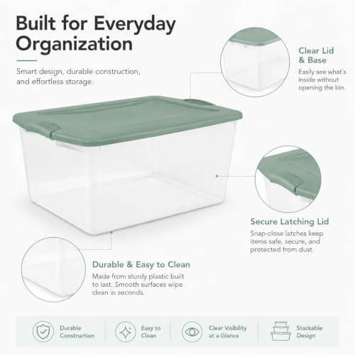 Image of Storage Bins 66 Qt Clear Latching Lid Stackable 6 Pack Sage Green