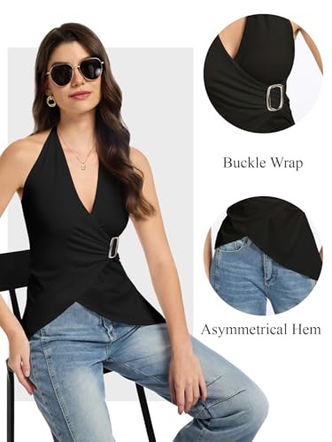 Halter Tops for Women Asymmetrical V Neck Halter Backless Top Sleeveless Wrap Top Y2K Going Out Sexy Tops4