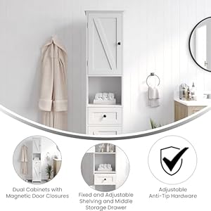 Flash Furniture Dune Farmhouse Bathroom Linen Tower with Double Cabinets and Storage Drawer, Adjustable Cabinet Shelves, Open Shelf, Metal Handles and Hinges, White Flash Furniture Dune Farmhouse Bathroom Linen Tower with Double Cabinets and Storage Drawer Adjustable Cabinet Shelves Open Shelf Metal Handles and Hinges White