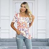 Camisetas femininas de manga curta casual de verão soltas macias gola quadrada blusas túnicas para leggings florais, Fogos de artifício coloridos, P