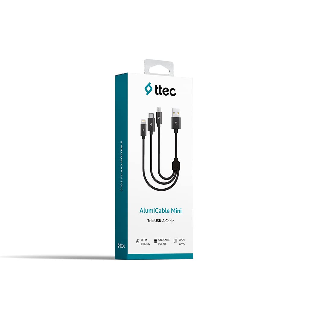 ttec Alumicable Mini Trio Lightning Micro USB 30cm Şarj Kablosu, Siyah