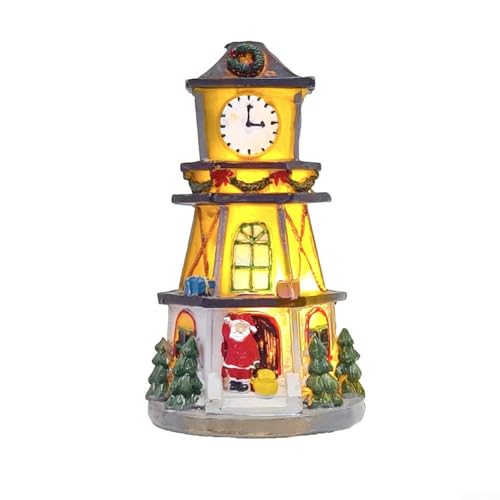 Opatiny Adorno navideño de escritorio para casa, torre de reloj iluminada con brillo suave, decoración festiva de resina para sala de estar o dormitorio