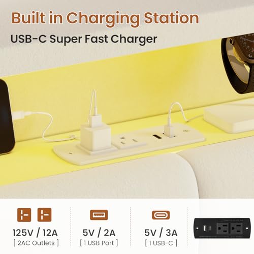 ADORNEVE Lift Up Storage Full Bed Frame with LED Lights, Hidden Storage Headboard and Charging Station, Upholstered Platform Bed, LED Bed with Hydraulic, No Box Spring Needed, Creamy White