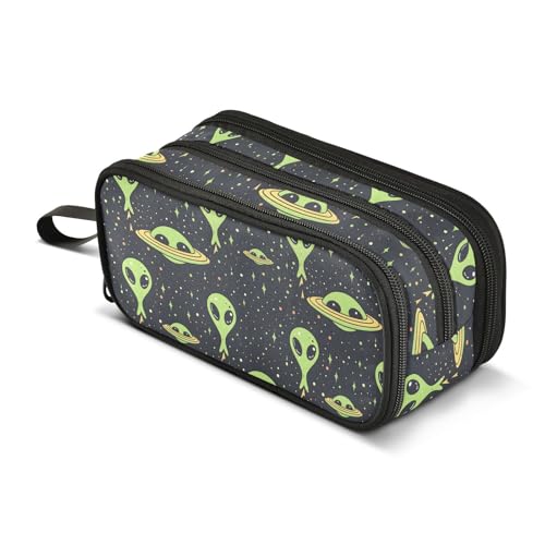 Image of Green Aliens Space Pencil Case Box Boys Girls Large Pencil Pouch Zipper Compartments Big Capacity Stationery Pen Bag Organizer for Kids Teens Adults School Office