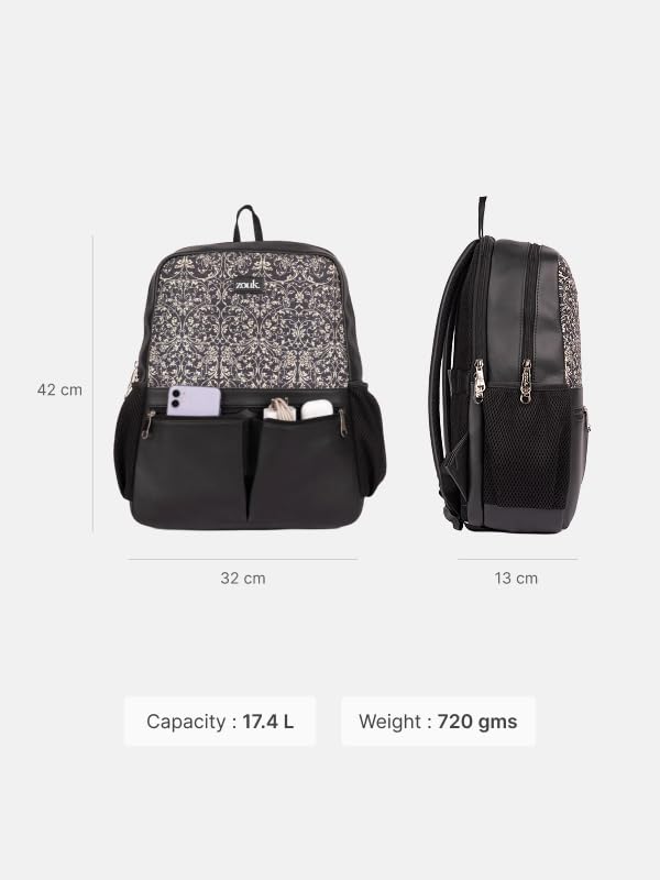 Image of ZOUK Women's Office Backpack | Vegan Leather & Handicraft Fabric | PeTA Approved | 15.6 Inch Laptop Compartment | Dual Zipper Pockets | Water Resistant | Trolley Passthrough | 17.5L