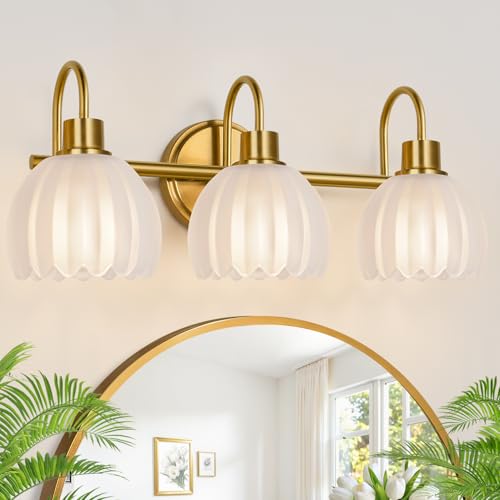 Image of 3-Light Bathroom Vanity Light, 20 inch Brushed Gold Bathroom Light Fixtures with Ribbed Frosted Clear Tulip Glass Shade, Vanity Lighting Fixtures Over Mirror for Bedroom Living Room Hallway
