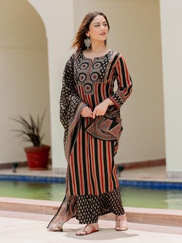 Image of Arayna Women's Pure Cotton Printed Kurta Pant Dupatta Set | Ajrakh-Inspired Ethnic Suit Set | Straight Fit 3-Piece Set for Women
