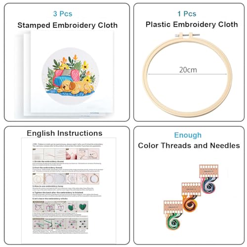 Image of Konrisa 3 pcs Dog Flower Embroidery Kits for Beginners, Needlepoint Cross Stitch Kits with Pattern, DIY Sewing Practice Kit, Include 1pcs Hoop