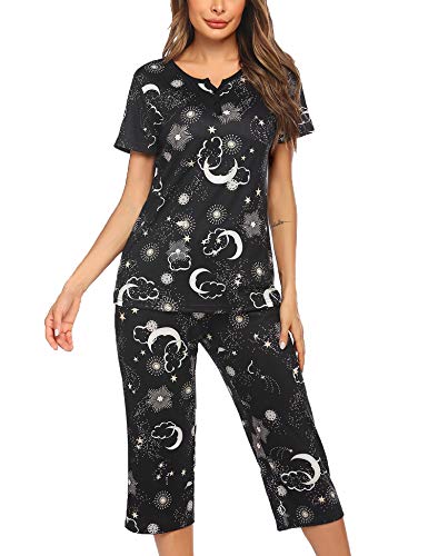 Ekouaer Sleepshirt for Women Round Neck Printed PJ Sets Short Sleeve Capri Pants Nightwear Soft Pajamas Set Loungewear Black L