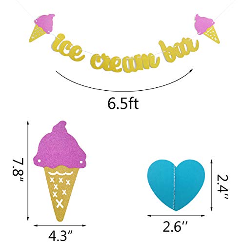 image for TTSAM Gold Glittery Ice Cream Bar Sign Banner and Pink, Blue, Gold Hea