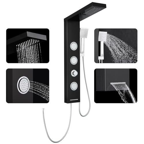 ROVOGO Schwarze Duschpaneel ohne Armatur, 4 in 1 Duschpaneele mit Regendusche, 3 x Massagedusche, Wasserfall-Badewanneneinlauf und Handbrause, Wandmontage Duschsäule aus Edelstahl