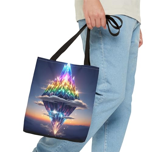 A Glowing Prism Mountain Floating in Sky Premium Tote Bag with Reinforced Stitching on Candles3
