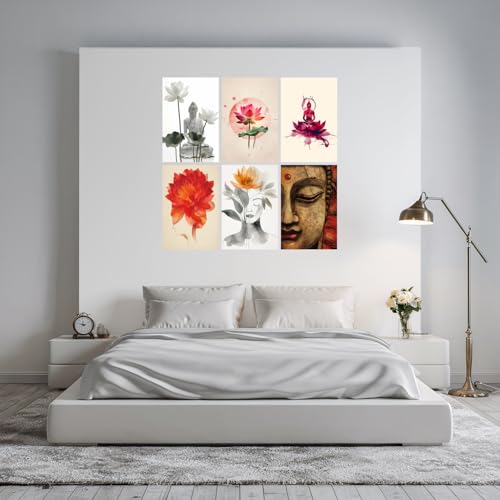 Image of SiddArtify Serene Buddha - Lotus Flower Art Print Set - 300GSM Board - 12x18 Inch - Pack of 6 Wall Room Decoration art Poster Prints