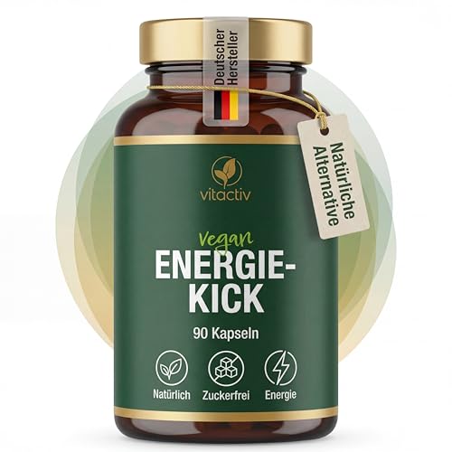 VITACTIV Energie Kick - 90 Guarana Kapseln mit Mate, Grüner Tee, L-Tyrosin, L-Taurin plus B Vitamine - Energy Kapseln, 100mg Koffein Booster - Vegan, Hochdosiert