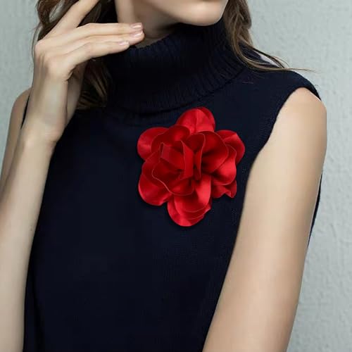 Image of Dainty Satin Fabric Flower Brooches for Women Large Rose Floral Brooch for Party Dance Wedding Banquet Elegant Camellia Fashion Brooch Pin for Women Girl 5.5inch