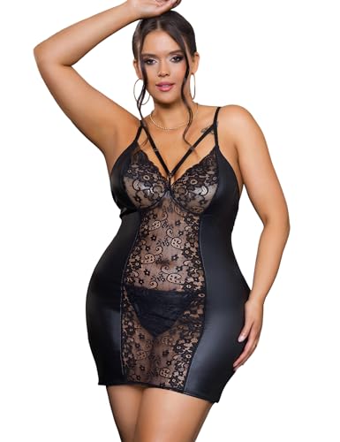 ohyeahlady Lederkleid Damen Große Größen Latex Dessous Sexy Unterwäsche Wetlook Kleid Kunstleder Rave Outfit V-Ausschnitt Partykleid Curvy...