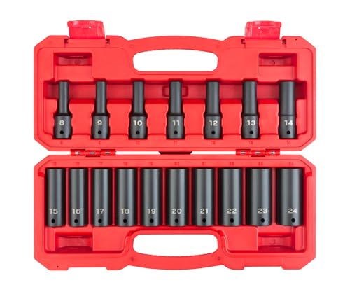 Image of TEKTON 1 /2 Inch Drive Impact Socket Set, 17-Piece | SID92329 | (8 - 24 mm), Deep, 6-Point, Case