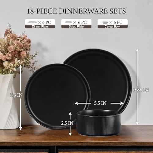 Image of E-far Stoneware Dinnerware Sets for 6, 18-Piece Plates and Bowls Sets, Chip & Scratch Resistant Ribbed Dish Set for Home Restaurant, Microwave & Dishwasher Safe, Matte Black