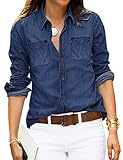 Vetinee Women's Yale Blue Button Down Denim Shirt Collared Classical Casual Vintage Retro Long Sleeve Pocket Tunic Fall Tops Blouse Size Large