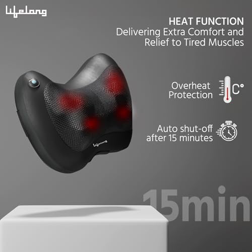 Image of Lifelong Cushion Massager and Body Massager with Heat and Strong 8 Deep Kneading nodes for Back, Neck, Shoulders Muscle Pain Relief and Portable Massager (Black)