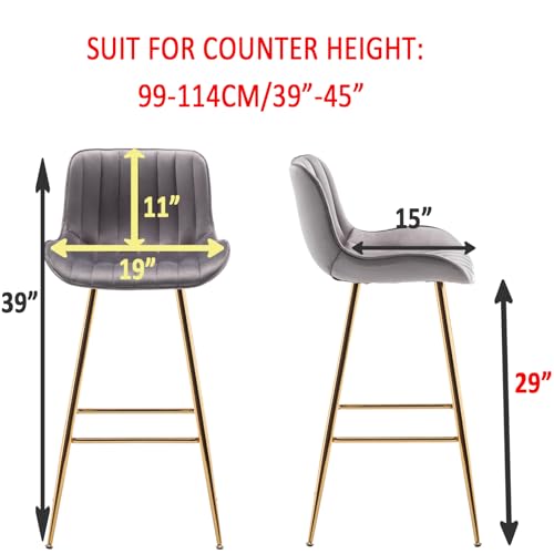 Image of Sidanli Gold Bar Stools Set of 2, 29 inch Velvet Barstools, Kitchen Chairs for Bar Height with Back and Footrest, Gray