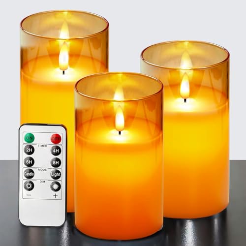 ILEEDear Velas led 3D de cristal sin llama, Velas led efecto llama, Vela de vidrio realista efecto, con control remoto temporizador, velas decorativas, adornos salon, navidad decoración casa (Dorada)